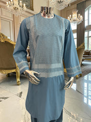 Medium Steel Blue Embroidered Men’s Parahan Tunban Yakhandozi – Premium Traditional Suit