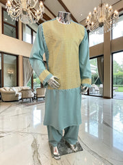 X-Large Turquoise Afghan Parahan Tunban for Men with Machine Embroidery