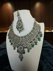 Emerald Green & Silver Kundan Style Bridal Jewelry Set with Necklace, Earrings & Maang Tikka | Indian Pakistani Afghan Wedding Jewelry 7008