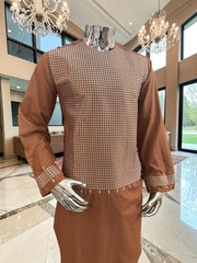 Medium Afghan Parahan Tunban Kameese Shalwar Brown Machine Embroidery