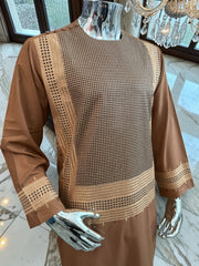 Medium Copper Brown Afghan Shalwar Kameez with Gold Embroidery | Premium Men’s Traditional Wear