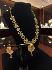 Luxury Gold Tone Green & Burgundy Crystal Floral Statement Necklace & Earrings Set |Gift-Ready Black Jewelry Box Included 6069