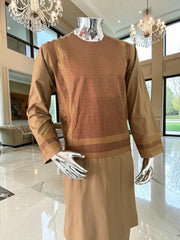 Small Premium Brown Machine Embroidered Parahan Tunban Set with Matching Chadder
