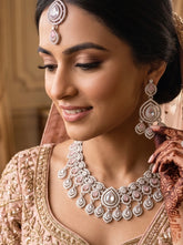 Luxury Silver Tone Blush Pink Crystal Bridal Jewelry Set | Statement Necklace, Earrings & Maang Tikka | Wedding Jewelry with Black Gift Box 6029