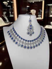 Luxury Sapphire Blue American Diamond Bridal Jewelry Set with Maang Tikka | Premium Brass Statement Collar Necklace, Earrings & Gift Box Included 6036
