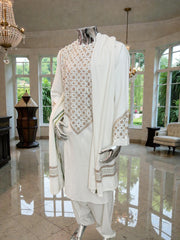 XL Off-White Afghan Kameez 3-Piece Set with Gold Shesha Work | Traditional Men’s Outfit