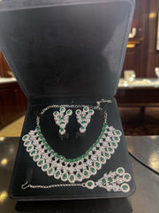 Luxury Emerald Green American Diamond Bridal Jewelry Set with Maang Tikka | Premium Brass Statement Collar Necklace, Earrings & Gift Box Included 6031