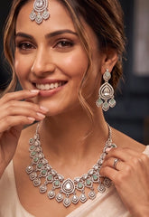 Silver Tone Mint Green Bridal Jewelry Set with Clear Crystal Accents – Necklace, Earrings & Maang Tikka | Indian Pakistani Afghan Wedding Jewelry | Gift Box Included 6027