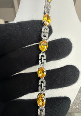 Yellow Oval Crystal Link Bracelet – Silver Tone Sparkling Statement Bracelet for Women 7088