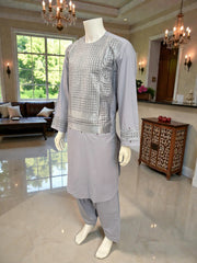 XL Afghan Men’s Kameez – Pale Lilac with Silver & Brown Embroidery | High-Quality Traditional Outfit