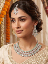 Luxury Mint Green American Diamond Bridal Jewelry Set with Maang Tikka | Premium Brass Statement Necklace & Earrings Gift Box Included 6037