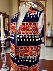 Men’s Navy-Blue Afghan Vest with Multicolor Hand Embroidery, Shells & Silver Coins | Traditional Kuchi Waistcoat | Size Medium