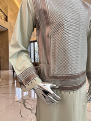 Medium Sage Green Parahan Tunban with Brown Embroidery | Premium Afghan Traditional Wear