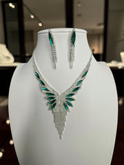 Crystal Rhinestone Statement Necklace & Earrings Set – Silver-Tone Leaf Design with Tassel, 7 Color Options