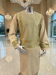 Large Men’s Tan Parahan Tunban with Green & White Machine Embroidery – Premium Afghan Outfit