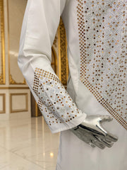 Men’s off white Afghan Parahan Tunban with Gold & Silver Embellishments and Shawl – 3-Piece Set shesha work 5042