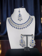 Luxury Sapphire Blue American Diamond Bridal Jewelry Set with Maang Tikka | Premium Brass Statement Collar Necklace, Earrings & Gift Box Included 6036