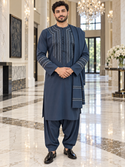 Men’s Designer Hand-Embroidered Parahan Tunban with Shawl – 3-Piece Afghan Outfit