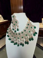 Emerald Green Kundan Bridal Jewelry Set with Earrings & Maang Tikka | Rose Gold Indian Pakistani Afghan Wedding Necklace 6046