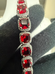 Ruby Red Cushion-Cut Crystal Halo Link Bracelet – Silver Tone Statement Jewelry 7134