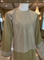 Medium Khaki Green Afghan Parahan Tunban for Men with Machine Embroidery