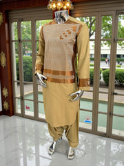 Small Men’s Golden Parahan Tumban with Bronze Geometric Embroidery – Afghan Traditional Outfit