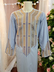 Afghan Parahan Tunban for Men Light Blue Gold and Blue Shesha Mirror Work Machine Embroidered X-Large