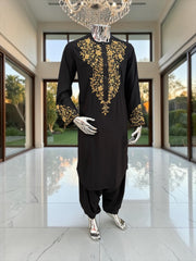 Handmade Afghan Selmadozi Embroidered Men’s Perahan Tunban – Luxury Traditional Formal Outfit – Available in Black, Ivory & White