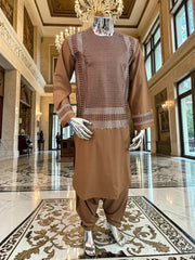Medium Brown Parahan Tunban with White Embroidery | Traditional Afghan Men’s Wear