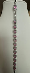 Pink Oval Crystal Rope Halo Bracelet – Silver Tone Statement Bracelet, Gift Ready 7078