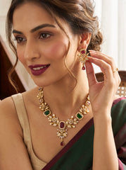 Luxury Gold Tone Floral Necklace & Earrings Set | Alloy Brass Metal | Green & Burgundy Crystal Statement Jewelry | Gift-Ready Black Jewelry Box Included 6070