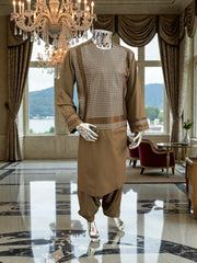 Men’s Camel Brown Parahan Tumban with Matching Embroidery – Afghan Traditional Outfit (Large)