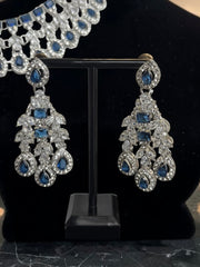 Luxury Navy Blue American Diamond Bridal Jewelry Set with Maang Tikka | Premium Brass Statement Necklace & Earrings | Gift-Ready Jewelry Box Included 6035