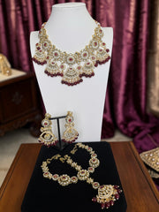 Luxury Kundan Bridal Jewelry Set with Sheeshphool, Necklace & Earrings – Ruby Red, Emerald Green & Pearl White