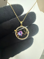 Purple Heart Crystal Pendant Necklace – Gold Tone Stainless Steel Love Pendant 7154
