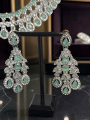Luxury Mint Green American Diamond Bridal Jewelry Set with Maang Tikka | Premium Brass Statement Necklace & Earrings Gift Box Included 6037
