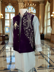 Large Royal Plum Velvet Afghan Waistcoat with Hand Embroidery
