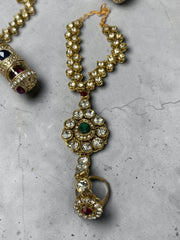 6-Piece Gold-Tone Kundan Full Bridal Jewelry Set with Necklace, Earrings, Nose Ring, Sheeshphool & Ring Bracelets 029