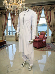 Men’s White Afghan Parahan Tumban with Black Embroidered Placket – Premium Cotton-Blend Fabric | Medium Size