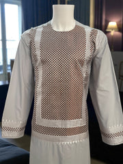 Men’s Silver Kameez with Brown Machine Embroidery – XXL | Luqmaan Boutique