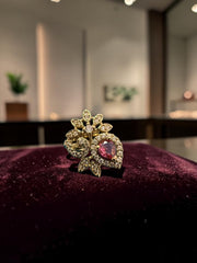 Floral Teardrop Statement Ring – Adjustable Gold-Tone Ring in Pink, Clear & Purple