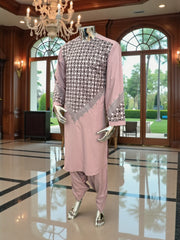 Small Men’s Dusty Rose Parahan Tumban with Black and Silver Geometric Embroidery – Afghan Traditional Outfit