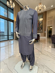 Men’s Grey Parahan Tumban with Matching Machine Embroidery – Traditional Afghan Outfit, Medium
