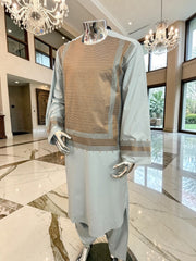 X-Large Blue-Gray Afghan Shalwar Kameez with Bronze Embroidery Yakhandozi | Luxury Men’s Traditional Wear