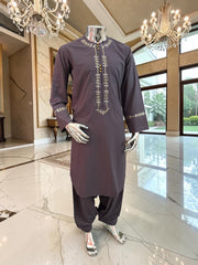 Plum Embroidered Afghan Parahan Tunban for Men with Matching Shawl