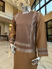 Medium Brown Parahan Tunban with White Embroidery | Traditional Afghan Men’s Wear
