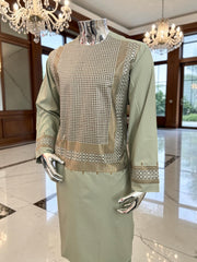 Large Sage Green Afghan Parahan Tunban with Gold and Brown Embroidery | Traditional Men’s Afghan Outfit