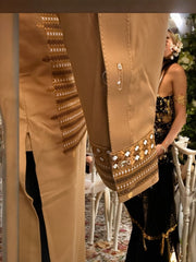 Afghan Parahan Tunban for Men Machine Embroidered Beige Gold Traditional Wear Medium