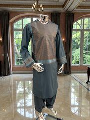 Medium Men’s Afghan Parahan Tunban – Premium Teal Blue Embroidery