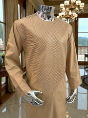 Large Golden Tan Afghan Parahan Tumban with Matching Khamak-Style V-Pattern Embroidery – Men’s Traditional Wear